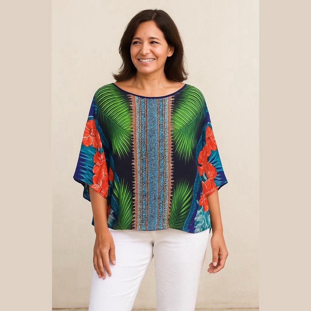 Flowing Tropical Print Kaftan Top L